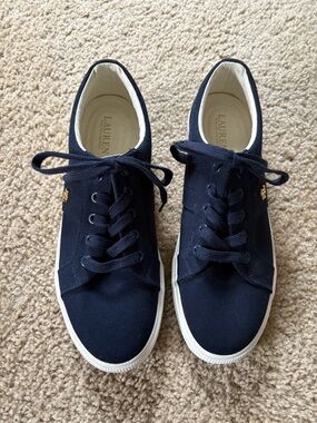 Lauren Ralph Lauren Navy Canvas Low-Top Sneakers with White Sole and Gold Pony